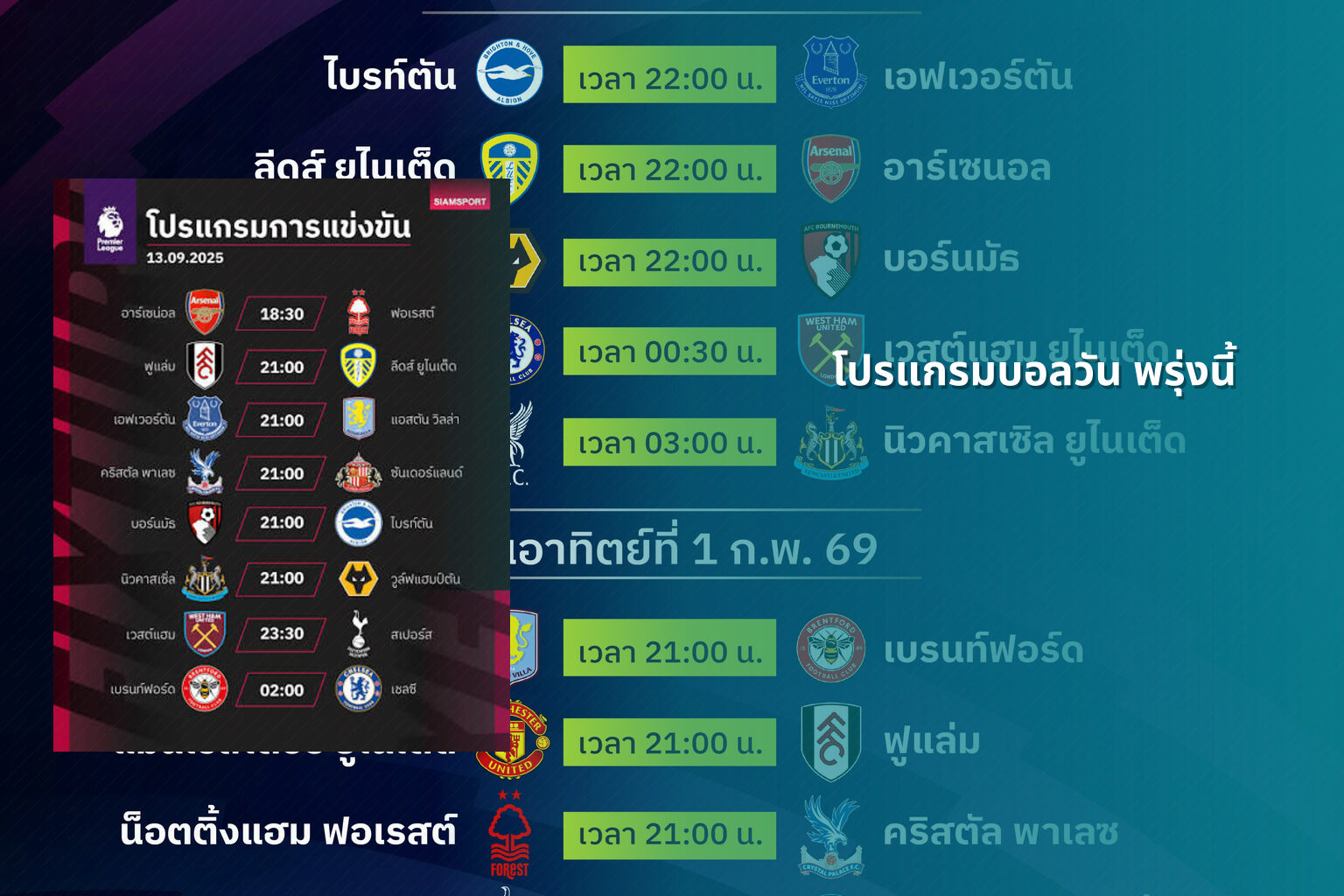 โปรแกรมบอลวัน พรุ่งนี้ - football schedule