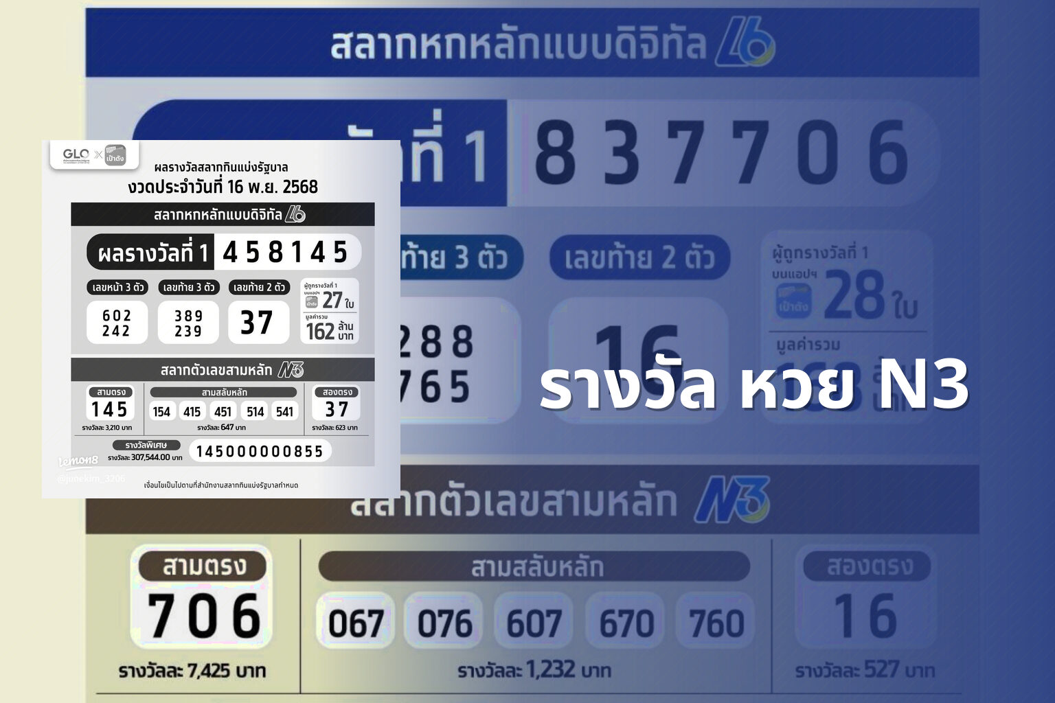 รางวัล หวย N3 - หวย
