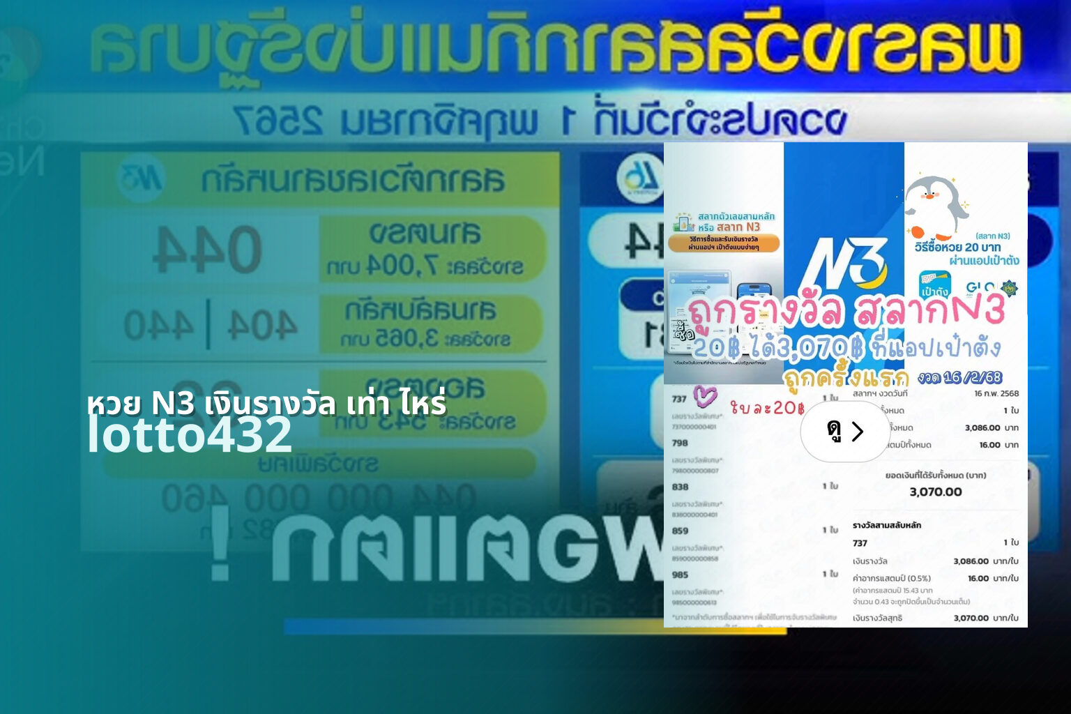 หวย N3 เงินรางวัล เท่า ไหร่ lotto432