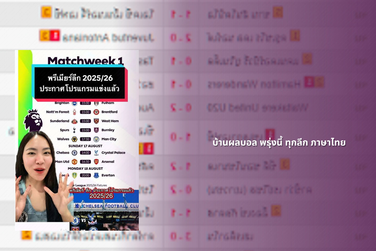 บ้านผลบอล พรุ่งนี้ ทุกลีก ภาษาไทย - football results