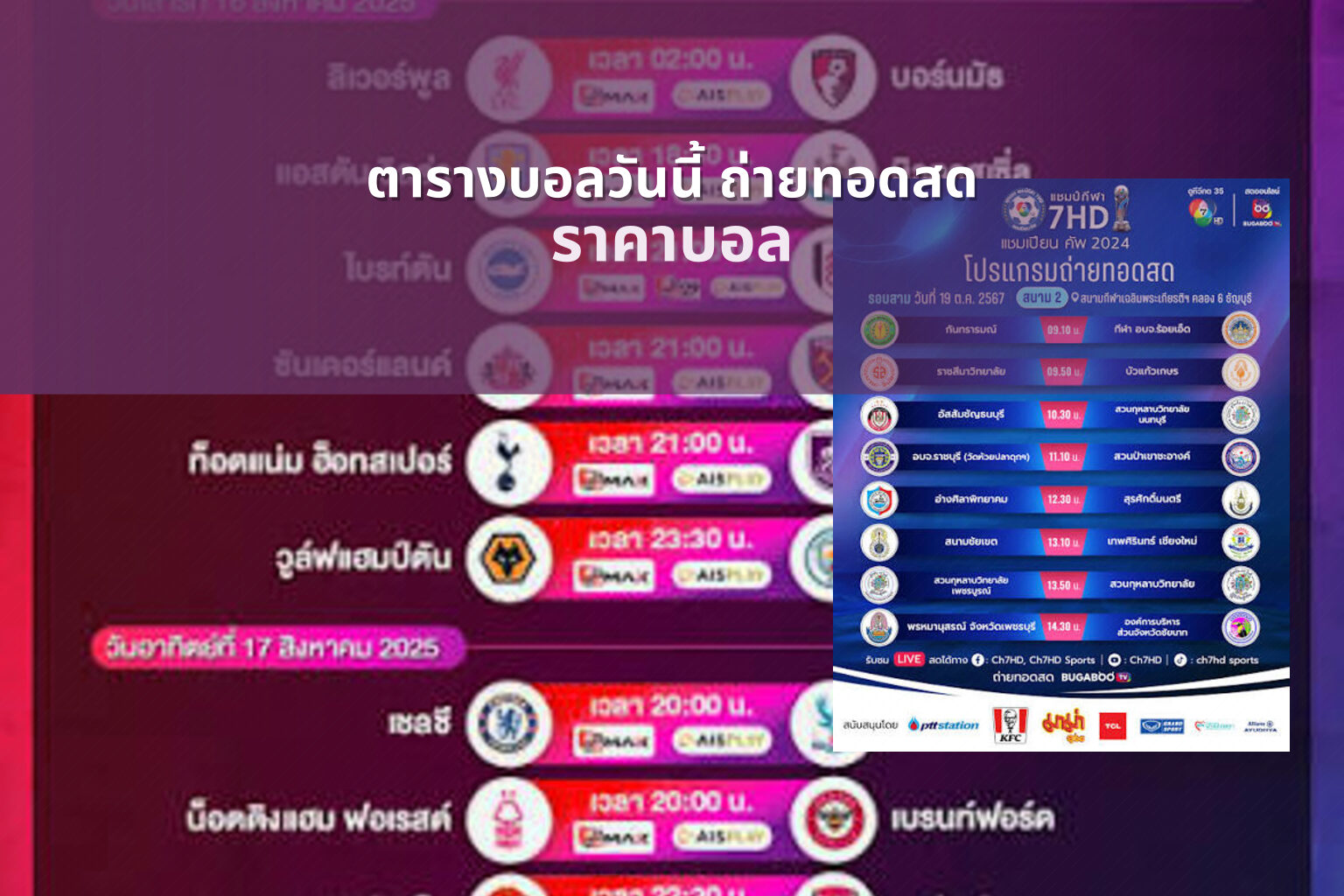 ตารางบอลวันนี้ ถ่ายทอดสด - live football schedule