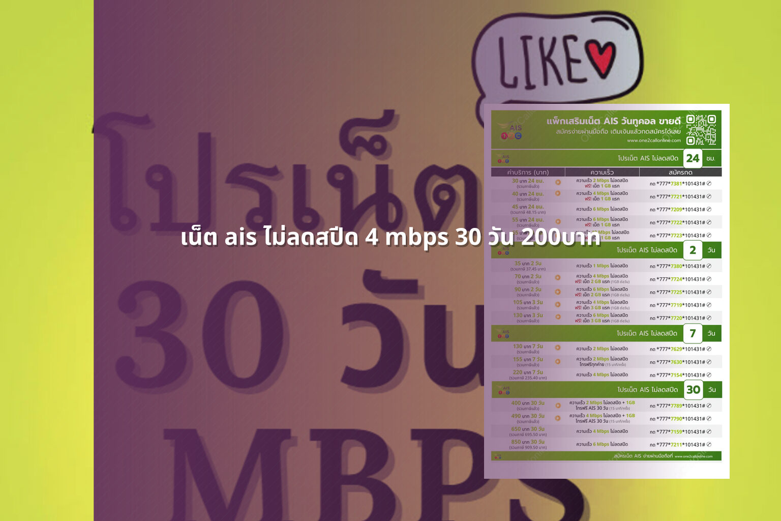 เน็ต ais ไม่ลดสปีด 4 mbps 30 วัน 200บาท - internet service