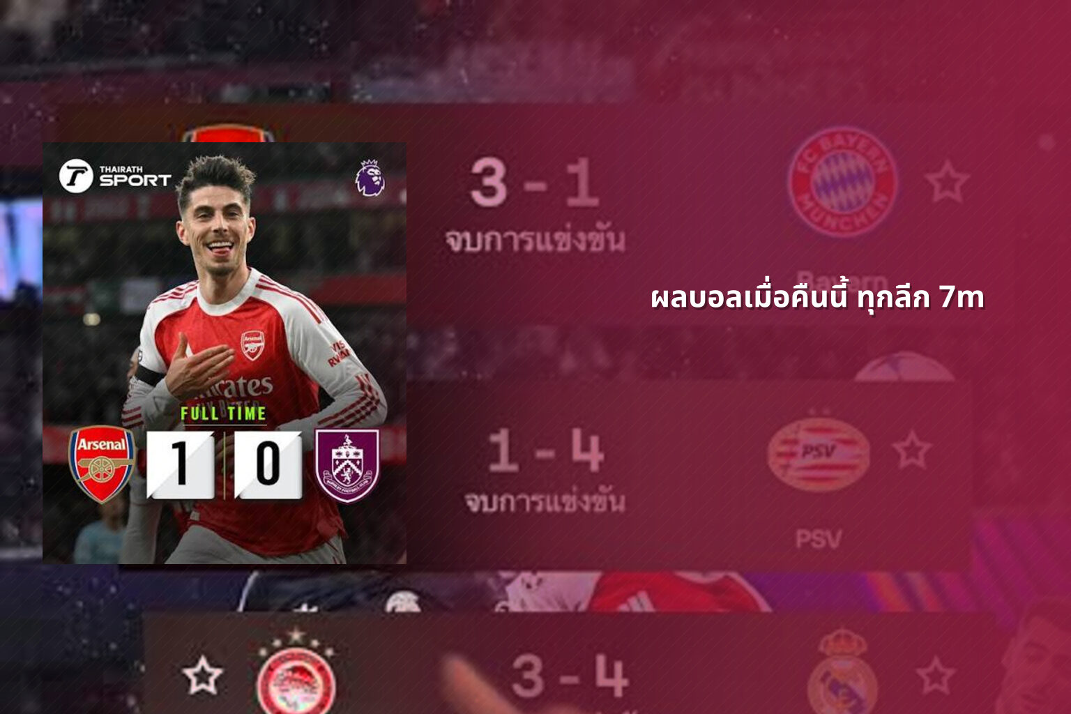 ผลบอลเมื่อคืนนี้ ทุกลีก 7m - football match results