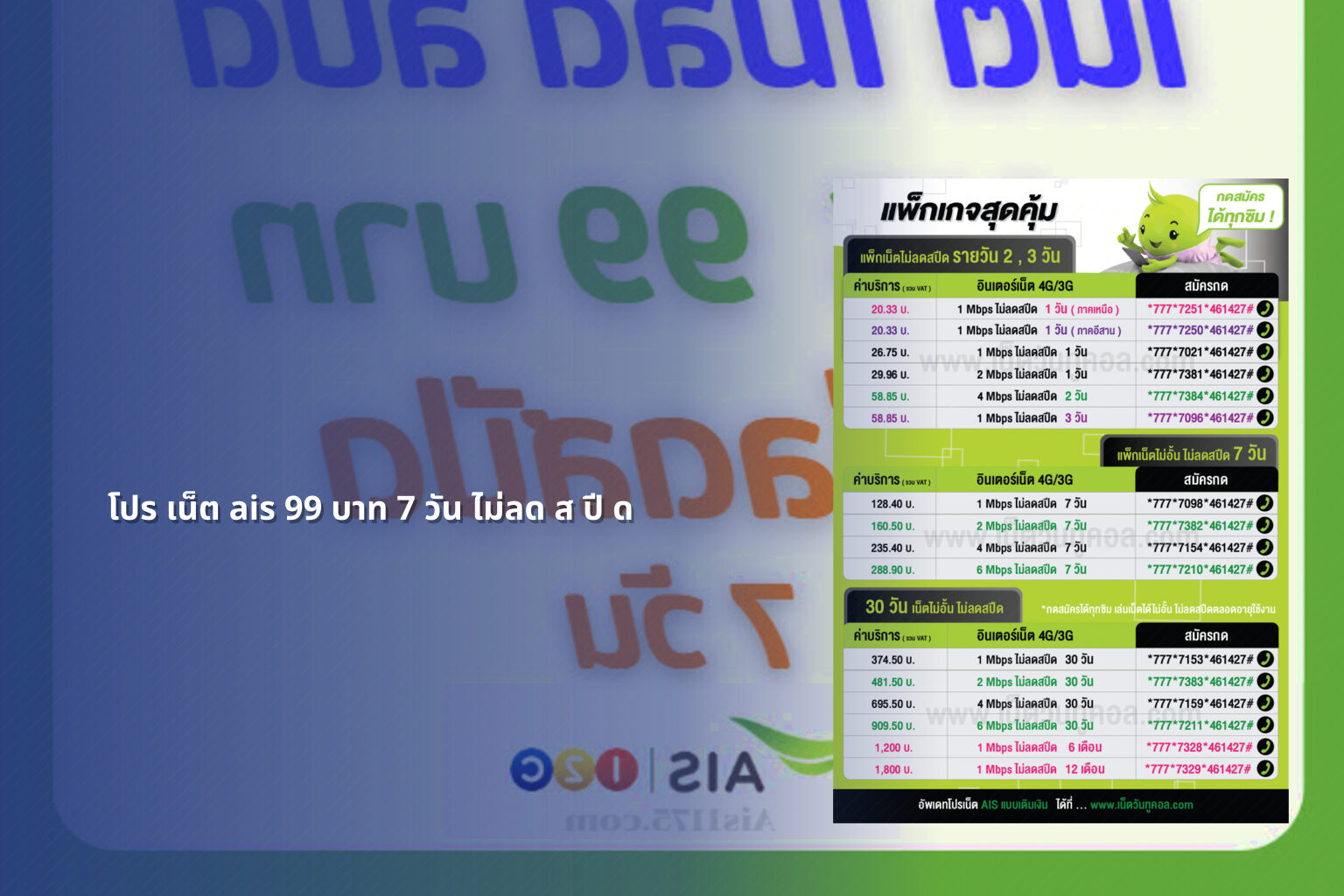 โปร เน็ต ais 99 บาท 7 วัน ไม่ลด ส ปี ด - internet promotion